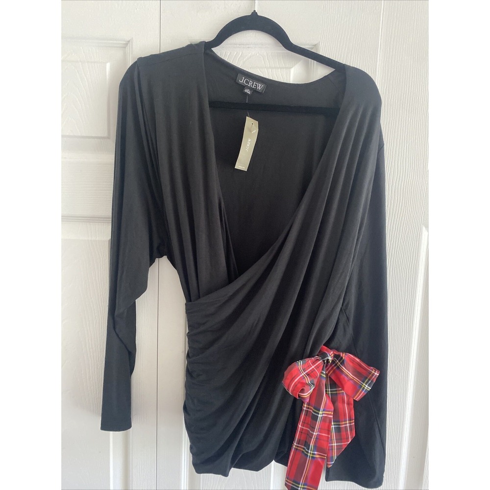 J Crew Tartan Plaid Bow Faux Wrap Top Womens Size 3X Black